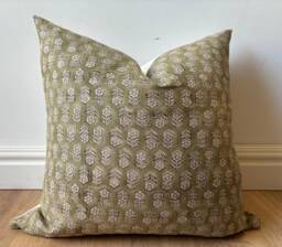 Authentic Boho Floral Indian Hand Block Stamped Linen Print Pillow Cover Green Off White Natural Available in Multiple Sizes Scandinavian - thumbnail 1