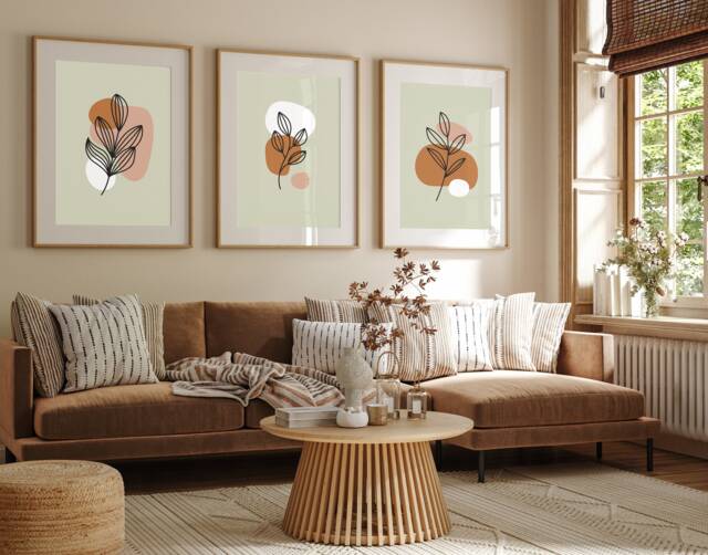 Boho Abstract Wall Art Prints, Decor, Set Of 3 Scandi Art, Mid Century, Black, Beige, Green, Terracotta - image 1