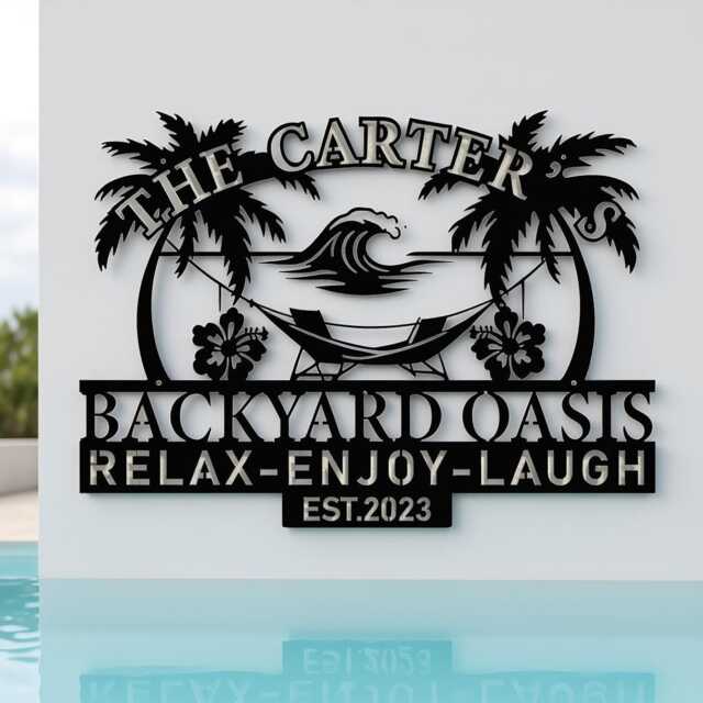 Custom Backyard Oasis Metal Sign, Personalized Family Name Decor, Outdoor Retreat Palm Tree Wall Decor - image 1
