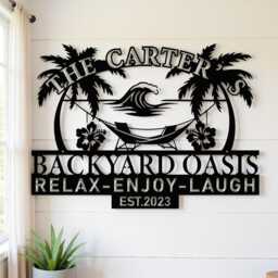 Custom Backyard Oasis Metal Sign, Personalized Family Name Decor, Outdoor Retreat Palm Tree Wall Decor - thumbnail 3