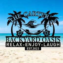 Custom Backyard Oasis Metal Sign, Personalized Family Name Decor, Outdoor Retreat Palm Tree Wall Decor - thumbnail 2