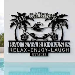 Custom Backyard Oasis Metal Sign, Personalized Family Name Decor, Outdoor Retreat Palm Tree Wall Decor - thumbnail 1