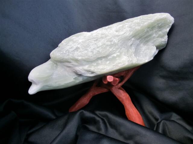 Bird/ Soap Stone Sculpture On Wooden Tripod /Statue With A Big Part Left Rough /Light Green Layers/12.7 - image 1