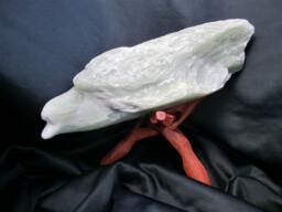Bird/ Soap Stone Sculpture On Wooden Tripod /Statue With A Big Part Left Rough /Light Green Layers/12.7 - thumbnail 1