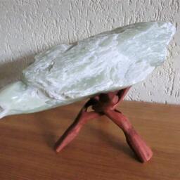 Bird/ Soap Stone Sculpture On Wooden Tripod /Statue With A Big Part Left Rough /Light Green Layers/12.7 - thumbnail 3