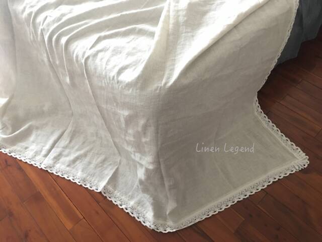 Stone Washed Ticking Stripe Linen Bedding, Lace Flat Sheet & Pillowcases - image 1