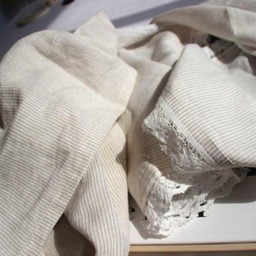 Stone Washed Ticking Stripe Linen Bedding, Lace Flat Sheet & Pillowcases - thumbnail 3