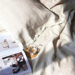 Stone Washed Ticking Stripe Linen Bedding, Lace Flat Sheet & Pillowcases - thumbnail 2