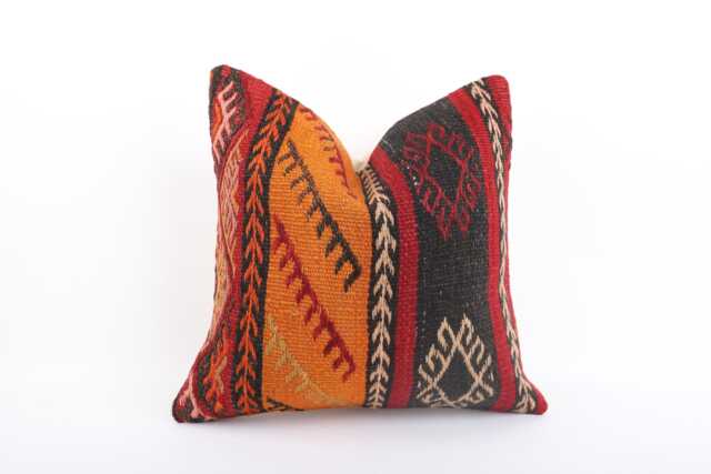 Vintage Turkish Kilim Pillow Cover Handwoven Wool Throw - 16x16 - image 1
