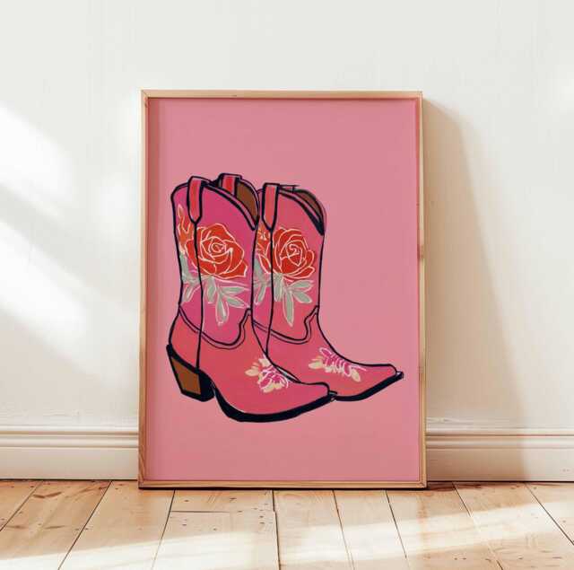 Pink Cowgirl Boots Poster, Western Wall Art Print, Retro Country Girl Decor, Floral Cowboy Boot Illustration For Bedroom Or Studio - image 1