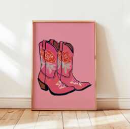 Pink Cowgirl Boots Poster, Western Wall Art Print, Retro Country Girl Decor, Floral Cowboy Boot Illustration For Bedroom Or Studio - thumbnail 1