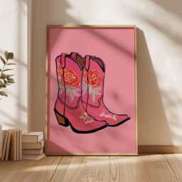Pink Cowgirl Boots Poster, Western Wall Art Print, Retro Country Girl Decor, Floral Cowboy Boot Illustration For Bedroom Or Studio - thumbnail 2