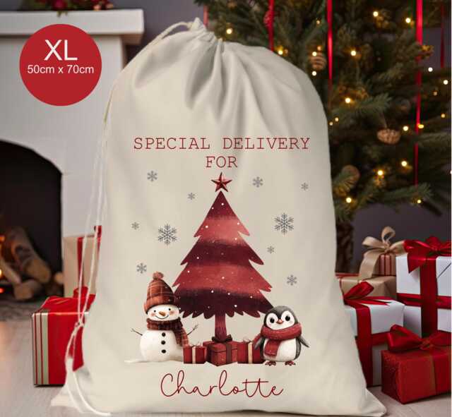 Personalised Xl Snowman Penguin Drawstring Christmas Sack/stocking..modern Santa Tree Presents Xmas Present Sack Gift Bag..santa - image 1
