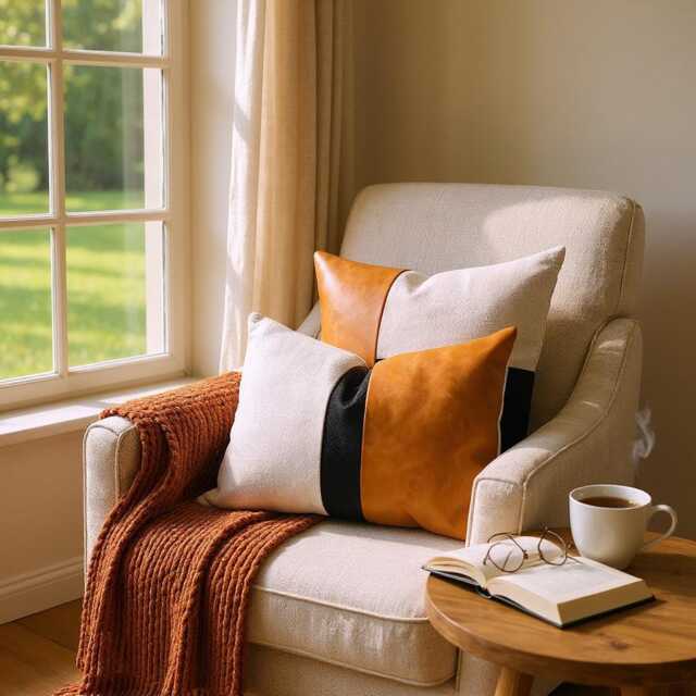 Color Block Lumbar Pillow Cover Camel Faux Leather, Beige Linen, Black Fabric - image 1