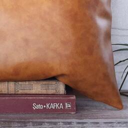 Color Block Lumbar Pillow Cover Camel Faux Leather, Beige Linen, Black Fabric - thumbnail 4