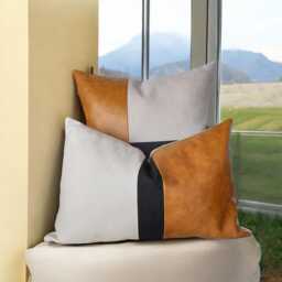 Color Block Lumbar Pillow Cover Camel Faux Leather, Beige Linen, Black Fabric - thumbnail 2