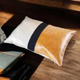 Color Block Lumbar Pillow Cover Camel Faux Leather, Beige Linen, Black Fabric - thumbnail 3