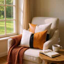 Color Block Lumbar Pillow Cover Camel Faux Leather, Beige Linen, Black Fabric