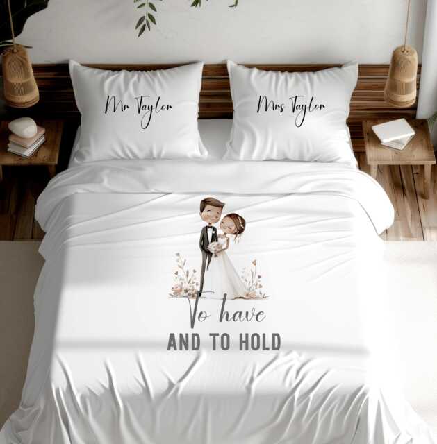 Personalised Wedding Bedding Duvet Cover, Mr & Mrs Pillowcases, To Have & Hold Bridal Shower Present - image 1