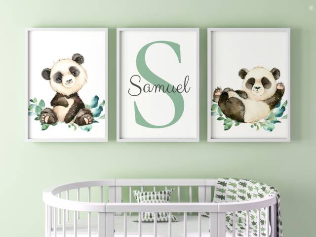 Panda Baby Boys Girls Nursery Decor, Set Of 3 Unframed Poster Prints With Personalised Name, Green Leaves Jungle Botanical Wall Art - image 1