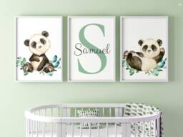 Panda Baby Boys Girls Nursery Decor, Set Of 3 Unframed Poster Prints With Personalised Name, Green Leaves Jungle Botanical Wall Art - thumbnail 1