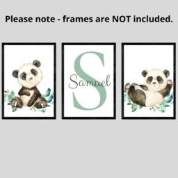 Panda Baby Boys Girls Nursery Decor, Set Of 3 Unframed Poster Prints With Personalised Name, Green Leaves Jungle Botanical Wall Art - thumbnail 3