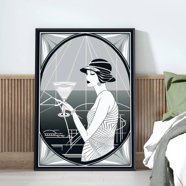 Art Deco Powder Room Wall Black White Vintage Style Bathroom Decor, Retro Dressing Print, Lady With Cocktail Poster 20S - image 1