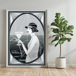 Art Deco Powder Room Wall Black White Vintage Style Bathroom Decor, Retro Dressing Print, Lady With Cocktail Poster 20S - thumbnail 2