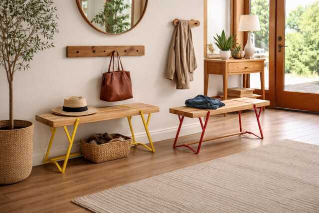 Folding Solid Wooden Bench, Indoor & Outdoor Industrial Small Entry & End Of Bed Mid Century Modern Small Wood Workbench - image 1