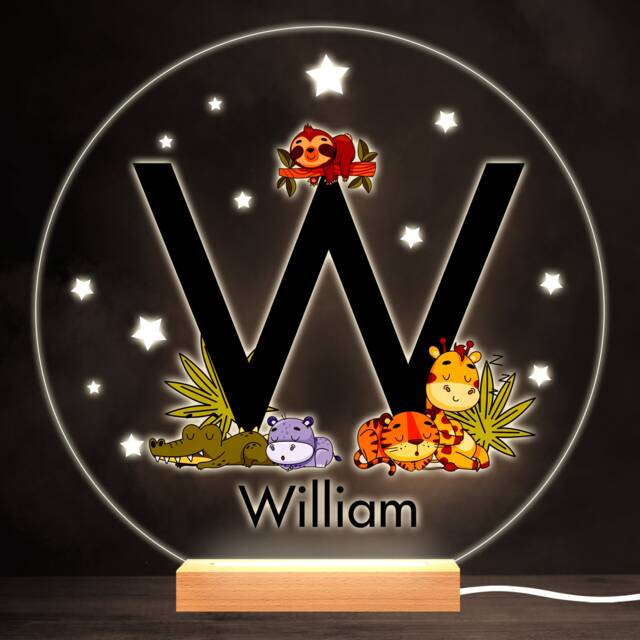 Sleeping Baby Safari Animals Letter W Round Personalised Gift Lamp Night Light - Bedroom - image 1