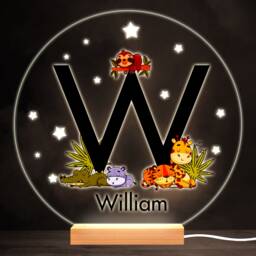 Sleeping Baby Safari Animals Letter W Round Personalised Gift Lamp Night Light - Bedroom - thumbnail 1