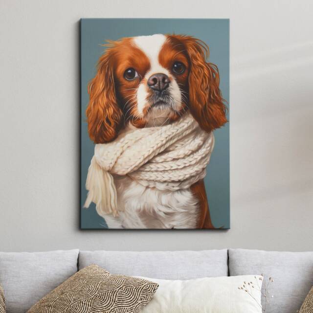 King Charles Dog Wearing Beige Scarf Framed Poster Print & Canvas Wall Decor Art Oil Painting Bedroom Home Living Room Funny Gift - image 1