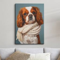King Charles Dog Wearing Beige Scarf Framed Poster Print & Canvas Wall Decor Art Oil Painting Bedroom Home Living Room Funny Gift