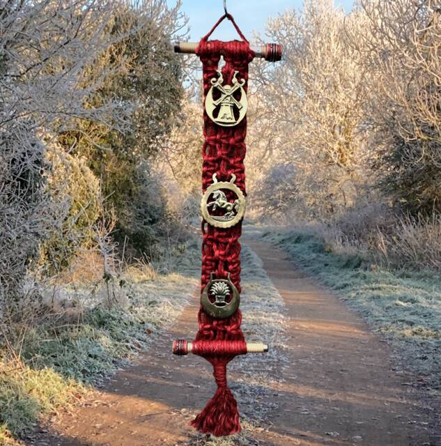 Unique Macrame, Horse Brass, Weaving Pirn Wall Hanging - Handmade - image 1
