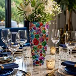 Hand Painted Italian Crystal Vase, Colorful Luxury Flower Modern Home Decor, Unique Art Glass, Made in Italy, Bubbly Pink - thumbnail 3