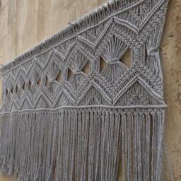 Large Gray Macrame Wall Hanging, Living Room Decor, Queen Headboard - thumbnail 2