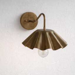 Vintage Brass Ruffle Shade Mid Century Modern Flower Scalloped Wall Sconce Curved Arm Lamp Art Deco Fixture - thumbnail 3