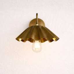 Vintage Brass Ruffle Shade Mid Century Modern Flower Scalloped Wall Sconce Curved Arm Lamp Art Deco Fixture - thumbnail 2