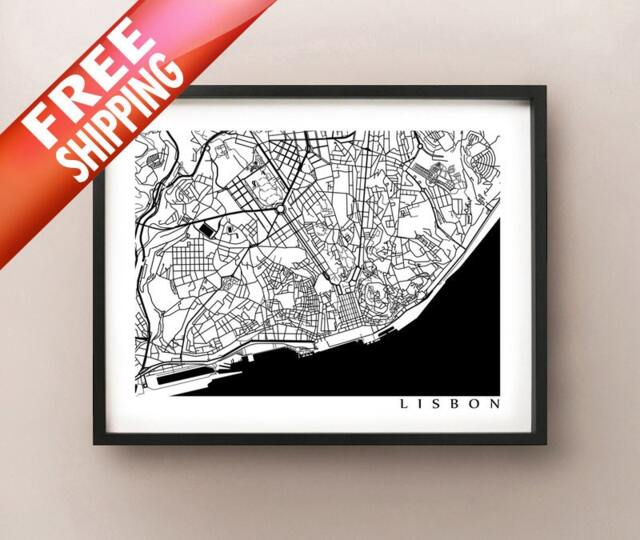 Lisbon Map - Black & White Wall Art, Lisboa, Portugal Art Poster - image 1