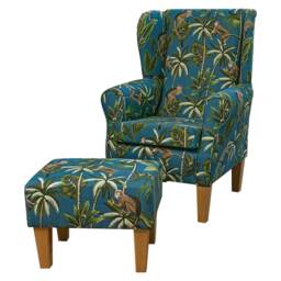 Monkey Teal Tropical Handmade Wingback Armchair & Footstool Set