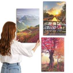 Canvas Set Of 3 - Mountain Landscapes With A Bicycle & An Autumn Tree, Pink Photo Print, Wall Decor - thumbnail 1
