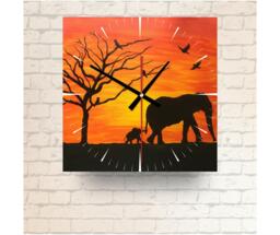 Safari Sunset Glass Wall Clock African Elephants, Wildlife Decor