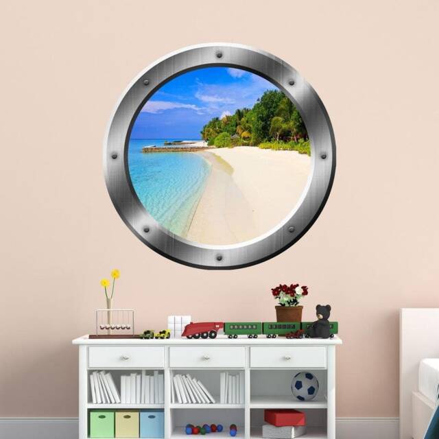 Beach Scene Wall Decal - Peel & Stick Ship Window Porthole Ocean Art Sticker & Mural Decor Vwaq-Sp36 - image 1