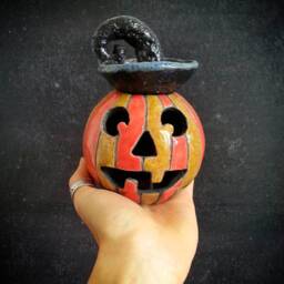 Raku Halloween Jack-O'-Lantern - Ceramic Pumpkin Candle Holder & Oil Burner Handmade Pottery Decoration Custom Colors - thumbnail 3