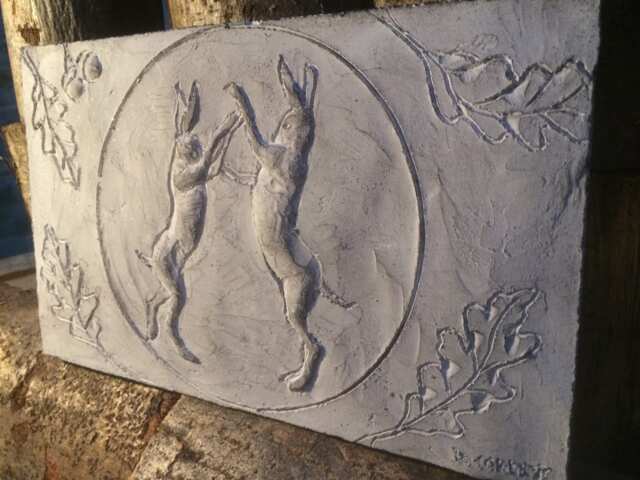 Autumn Gift Boxing Hares Wall Sculpture, Garden Plaque, Ornament, Art - image 1