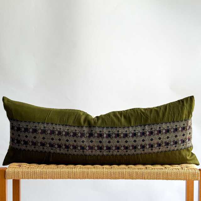 Vintage Hmong Hemp Pillow Handwoven Tribal Textile, Green & Navy Batik - image 1