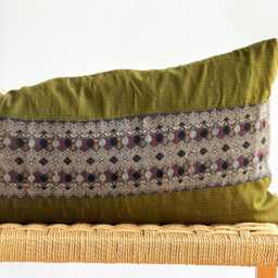 Vintage Hmong Hemp Pillow Handwoven Tribal Textile, Green & Navy Batik - thumbnail 2