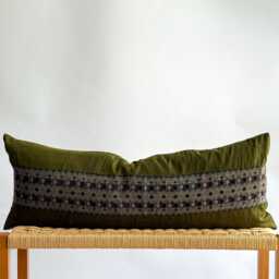 Vintage Hmong Hemp Pillow Handwoven Tribal Textile, Green & Navy Batik - thumbnail 1
