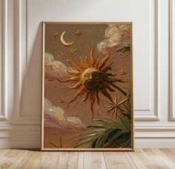 Celestial Sun & Moon Wall Art Poster, Mystical Cosmic Illustration Print, Golden Artwork, Astrology Inspired Decor - thumbnail 1
