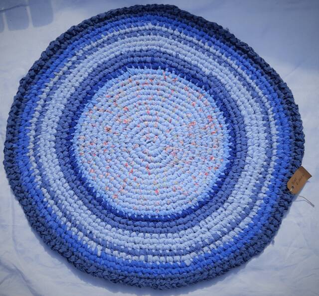 Crochet Rag Rug - Blue Ripples Recycled Colourful Handmade